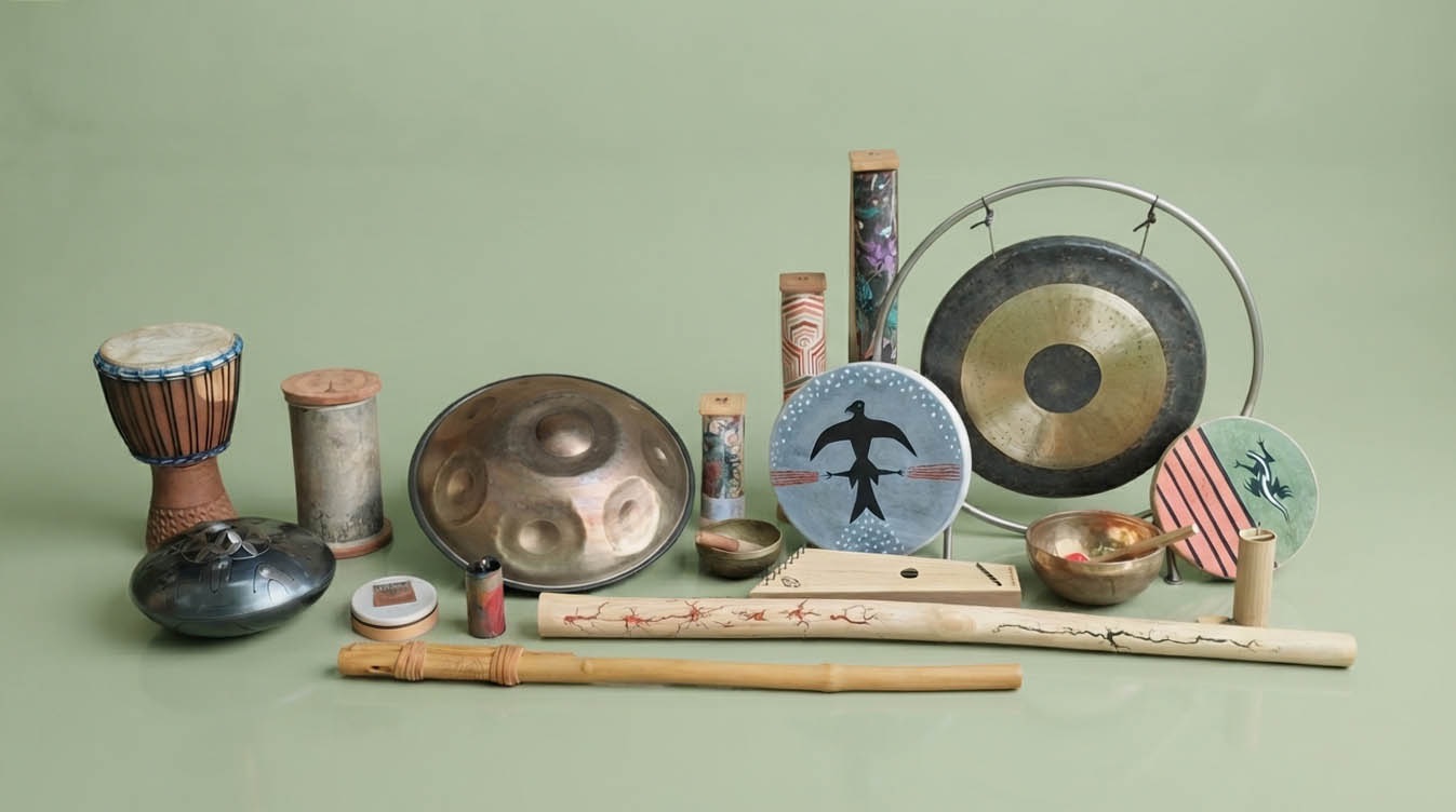 Muzikoterapeutické nástroje - djembe, handpany, dešťové hole, bubny, gong, tibetské mísy a flétny